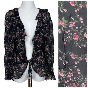 Vintage Paradise Plus Cardigan Women 1X Black Pink Floral Ruffle Tie Front Sheer